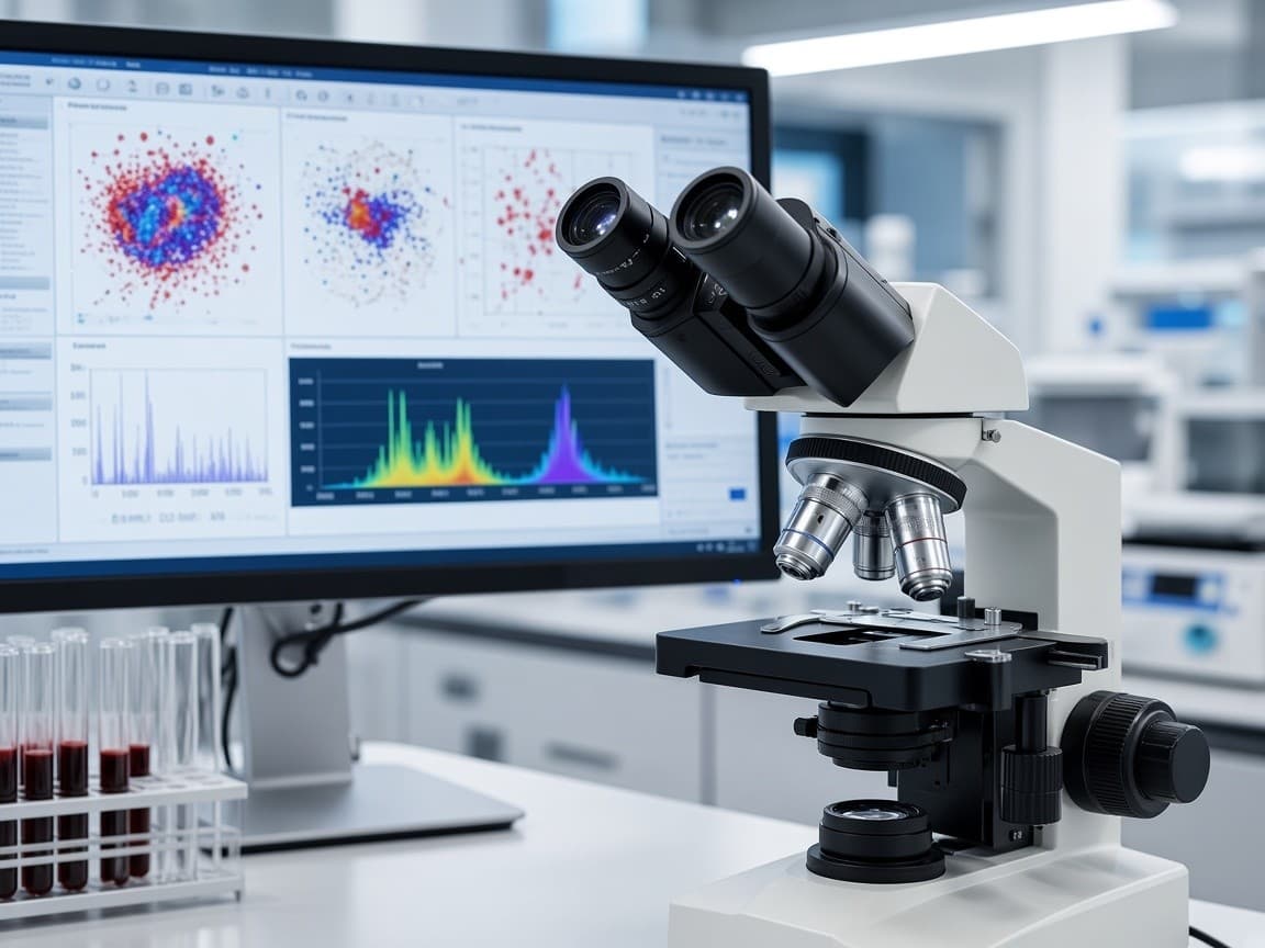 Microscopio y análisis de hemograma en laboratorio